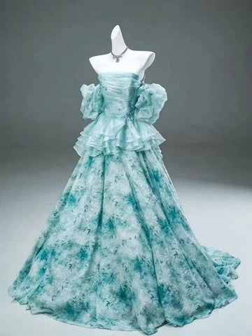 Blue Floral A Line Off the Shoulder Satin Long Prom Dress Evening Dress HZ1023